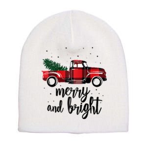 Merry And Bright Cute Red Plaid Truck Happy Holiday Raglan Baseball Short Acrylic Beanie