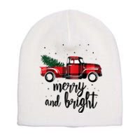 Merry And Bright Cute Red Plaid Truck Happy Holiday Raglan Baseball Short Acrylic Beanie