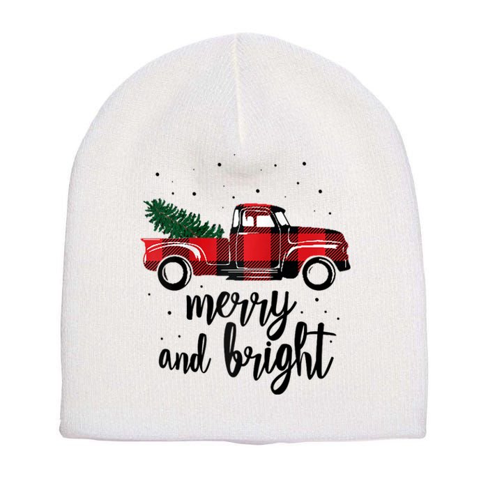 Merry And Bright Cute Red Plaid Truck Happy Holiday Raglan Baseball Short Acrylic Beanie