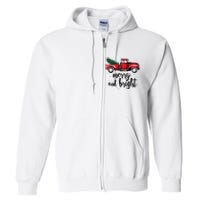 Merry And Bright Cute Red Plaid Truck Happy Holiday Raglan Baseball Full Zip Hoodie