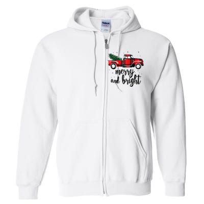 Merry And Bright Cute Red Plaid Truck Happy Holiday Raglan Baseball Full Zip Hoodie