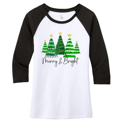 Merry And Bright Funny Christmas Tree Christmas Costume Cute Raglan Baseball Women's Tri-Blend 3/4-Sleeve Raglan Shirt