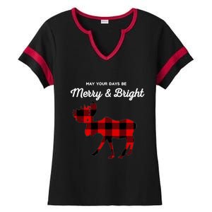 Merry And Bright Buffalo Plaid Christmas Moose Ladies Halftime Notch Neck Tee