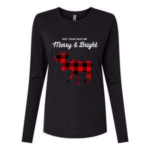 Merry And Bright Buffalo Plaid Christmas Moose Womens Cotton Relaxed Long Sleeve T-Shirt