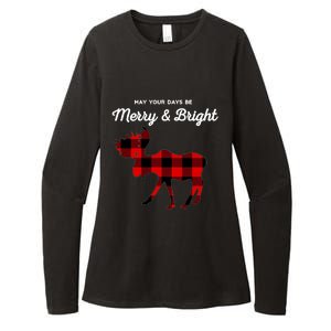 Merry And Bright Buffalo Plaid Christmas Moose Womens CVC Long Sleeve Shirt