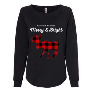 Merry And Bright Buffalo Plaid Christmas Moose Womens California Wash Sweatshirt