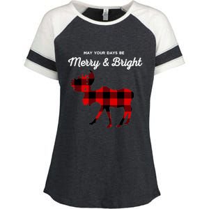 Merry And Bright Buffalo Plaid Christmas Moose Enza Ladies Jersey Colorblock Tee