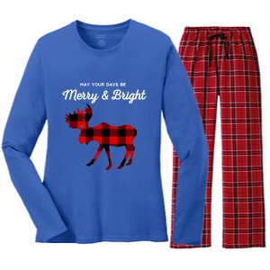 Merry And Bright Buffalo Plaid Christmas Moose Women's Long Sleeve Flannel Pajama Set 