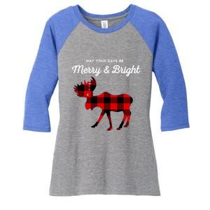 Merry And Bright Buffalo Plaid Christmas Moose Women's Tri-Blend 3/4-Sleeve Raglan Shirt