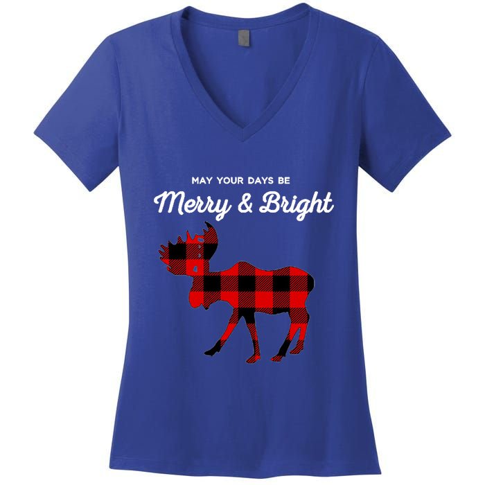 Merry And Bright Buffalo Plaid Christmas Moose Women's V-Neck T-Shirt