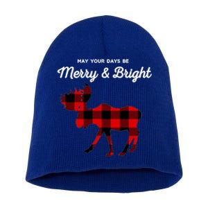 Merry And Bright Buffalo Plaid Christmas Moose Short Acrylic Beanie