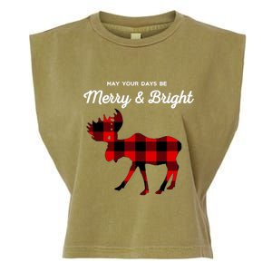 Merry And Bright Buffalo Plaid Christmas Moose Garment-Dyed Women's Muscle Tee