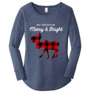 Merry And Bright Buffalo Plaid Christmas Moose Women's Perfect Tri Tunic Long Sleeve Shirt