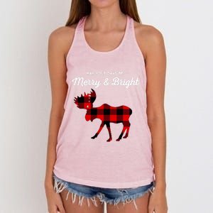 Merry And Bright Buffalo Plaid Christmas Moose Women's Knotted Racerback Tank