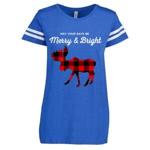 Merry And Bright Buffalo Plaid Christmas Moose Enza Ladies Jersey Football T-Shirt