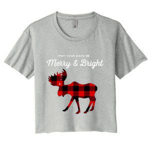 Merry And Bright Buffalo Plaid Christmas Moose Women's Crop Top Tee