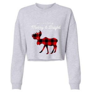 Merry And Bright Buffalo Plaid Christmas Moose Cropped Pullover Crew