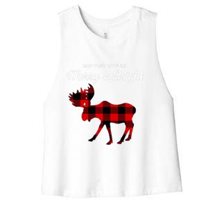 Merry And Bright Buffalo Plaid Christmas Moose Women's Racerback Cropped Tank