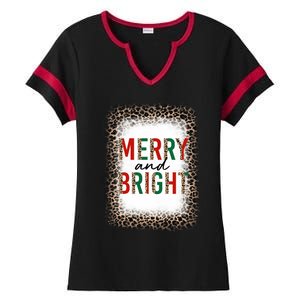 Merry And Bright Leopard Christmas Bleached Ladies Halftime Notch Neck Tee