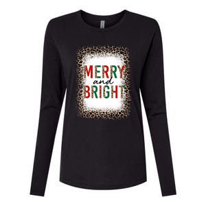 Merry And Bright Leopard Christmas Bleached Womens Cotton Relaxed Long Sleeve T-Shirt