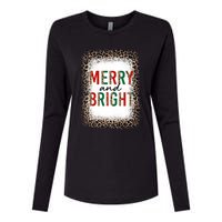 Merry And Bright Leopard Christmas Bleached Womens Cotton Relaxed Long Sleeve T-Shirt