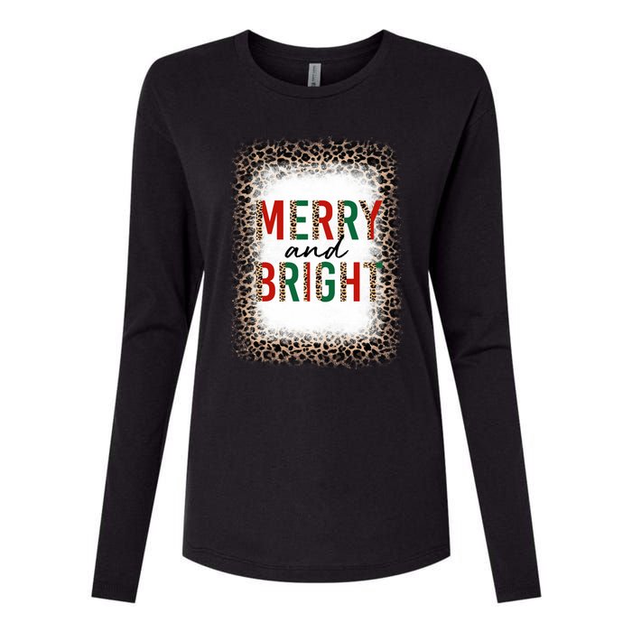 Merry And Bright Leopard Christmas Bleached Womens Cotton Relaxed Long Sleeve T-Shirt