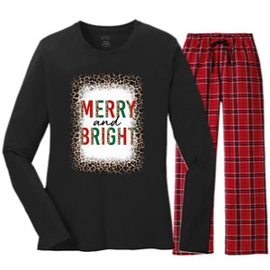 Merry And Bright Leopard Christmas Bleached Women's Long Sleeve Flannel Pajama Set 