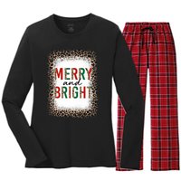 Merry And Bright Leopard Christmas Bleached Women's Long Sleeve Flannel Pajama Set 