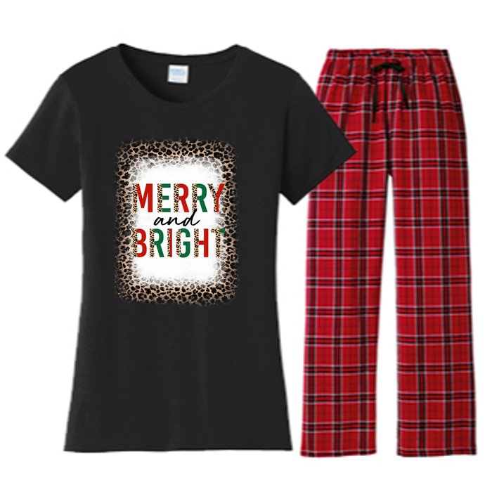 Merry And Bright Leopard Christmas Bleached Women's Flannel Pajama Set