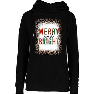 Merry And Bright Leopard Christmas Bleached Womens Funnel Neck Pullover Hood