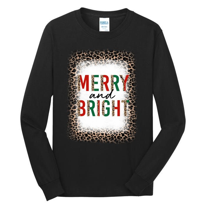 Merry And Bright Leopard Christmas Bleached Tall Long Sleeve T-Shirt