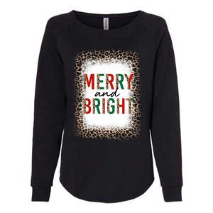 Merry And Bright Leopard Christmas Bleached Womens California Wash Sweatshirt