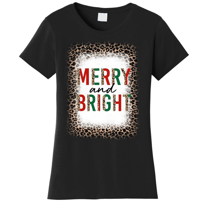 Merry And Bright Leopard Christmas Bleached Women's T-Shirt