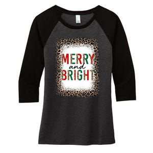 Merry And Bright Leopard Christmas Bleached Women's Tri-Blend 3/4-Sleeve Raglan Shirt