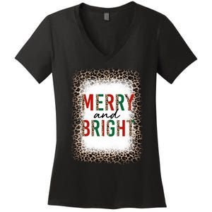 Merry And Bright Leopard Christmas Bleached Women's V-Neck T-Shirt