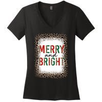 Merry And Bright Leopard Christmas Bleached Women's V-Neck T-Shirt