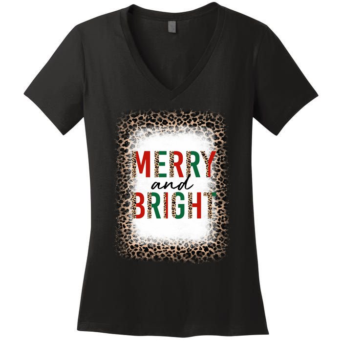 Merry And Bright Leopard Christmas Bleached Women's V-Neck T-Shirt