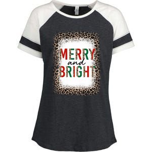 Merry And Bright Leopard Christmas Bleached Enza Ladies Jersey Colorblock Tee