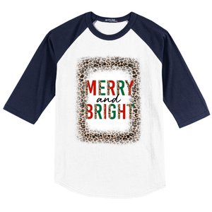 Merry And Bright Leopard Christmas Bleached Baseball Sleeve Shirt