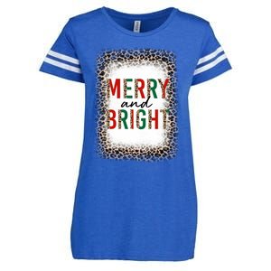 Merry And Bright Leopard Christmas Bleached Enza Ladies Jersey Football T-Shirt