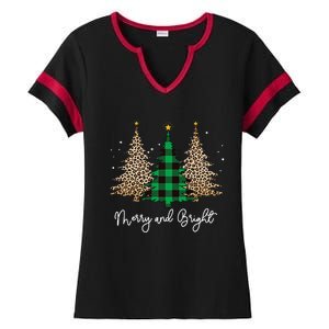 Merry And Bright Leopard Plaid Christmas Trees Ladies Halftime Notch Neck Tee