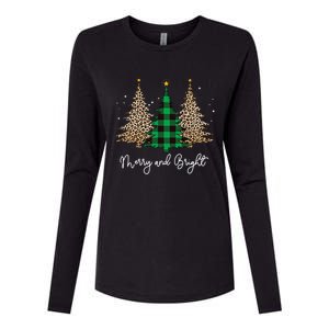 Merry And Bright Leopard Plaid Christmas Trees Womens Cotton Relaxed Long Sleeve T-Shirt