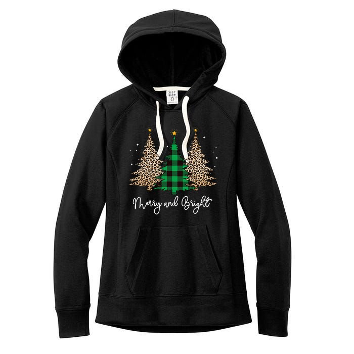 Merry And Bright Leopard Plaid Christmas Trees Women's Fleece Hoodie