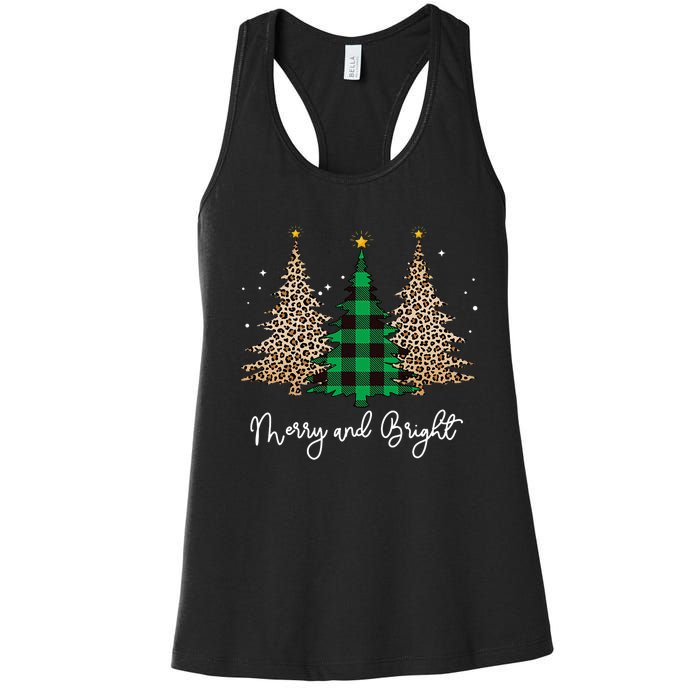 Merry And Bright Leopard Plaid Christmas Trees Women's Racerback Tank