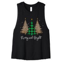 Merry And Bright Leopard Plaid Christmas Trees Women's Racerback Cropped Tank