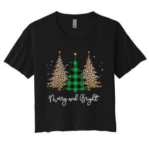 Merry And Bright Leopard Plaid Christmas Trees Women's Crop Top Tee