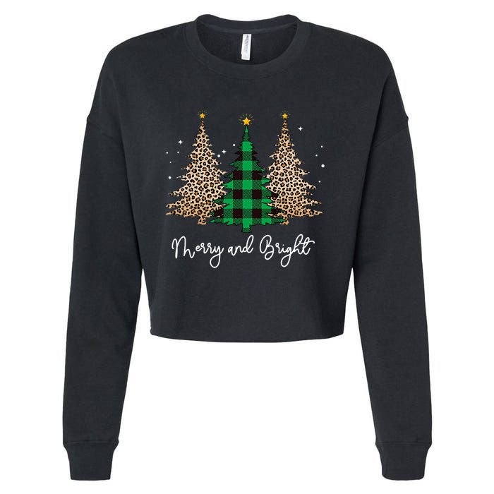 Merry And Bright Leopard Plaid Christmas Trees Cropped Pullover Crew