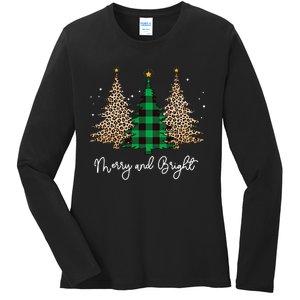 Merry And Bright Leopard Plaid Christmas Trees Ladies Long Sleeve Shirt