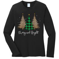 Merry And Bright Leopard Plaid Christmas Trees Ladies Long Sleeve Shirt