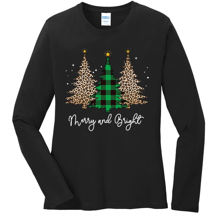 Merry And Bright Leopard Plaid Christmas Trees Ladies Long Sleeve Shirt